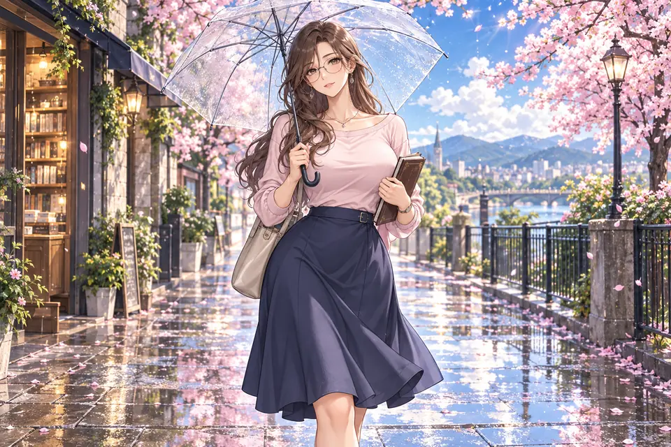 雨中樱花街景漫画插画